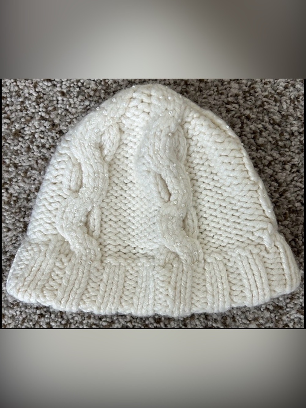Girls Y2K VTG Gap beanie hat Sz S/M sewn in beads ivory wool acrylic rayon blend